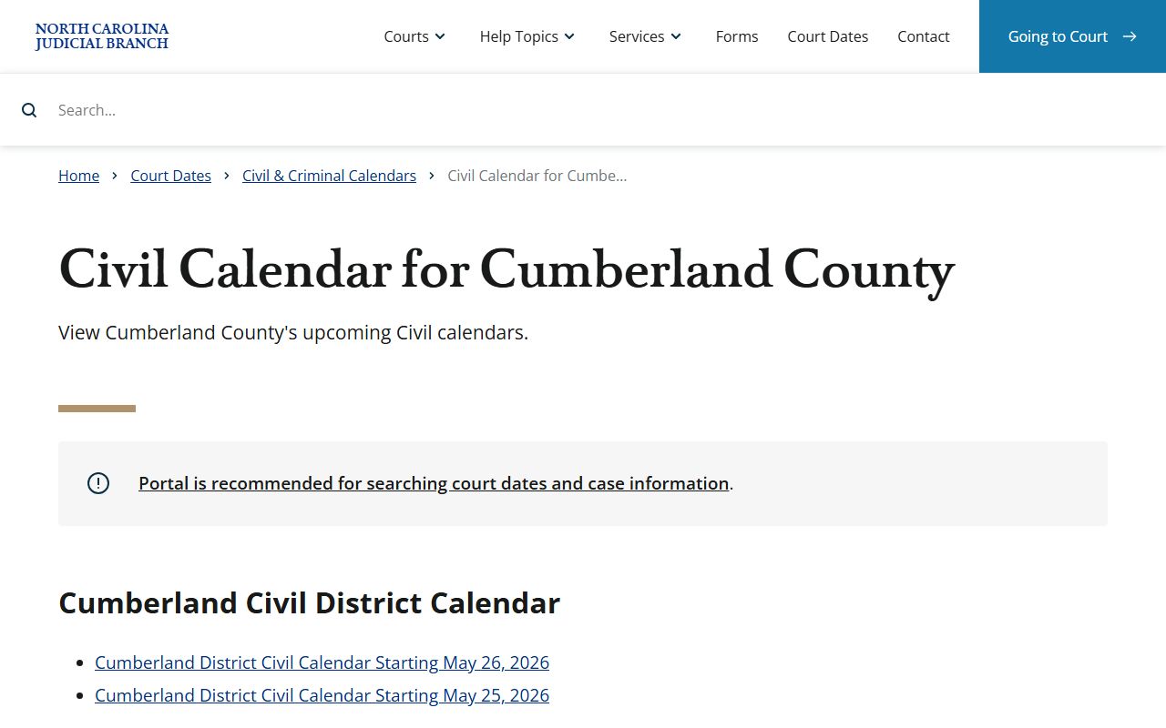 Cumberland County court dockets civil calendar results page on the NC Judicial Branch site