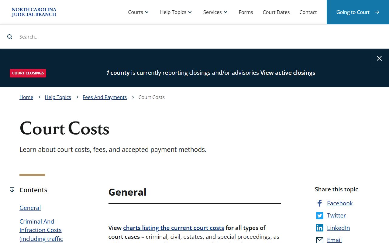 Cumberland County traffic court records fee schedule on the NC Judicial Branch court costs page