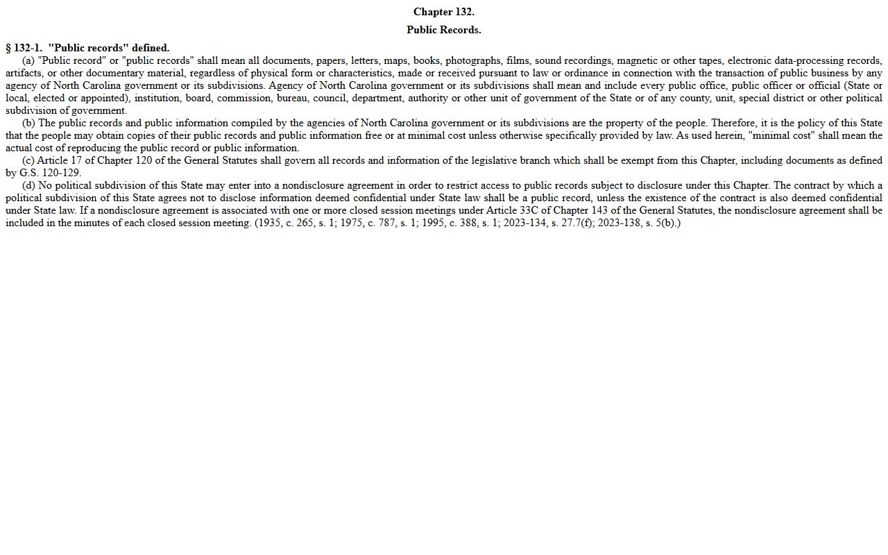 Cumberland County public records statute Chapter 132 on the NC General Assembly website