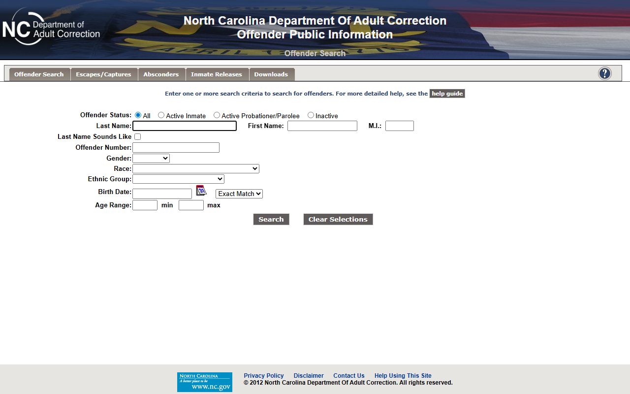 NC DAC Offender Public Information Search interface for locating Cumberland County inmate transfers to state prison