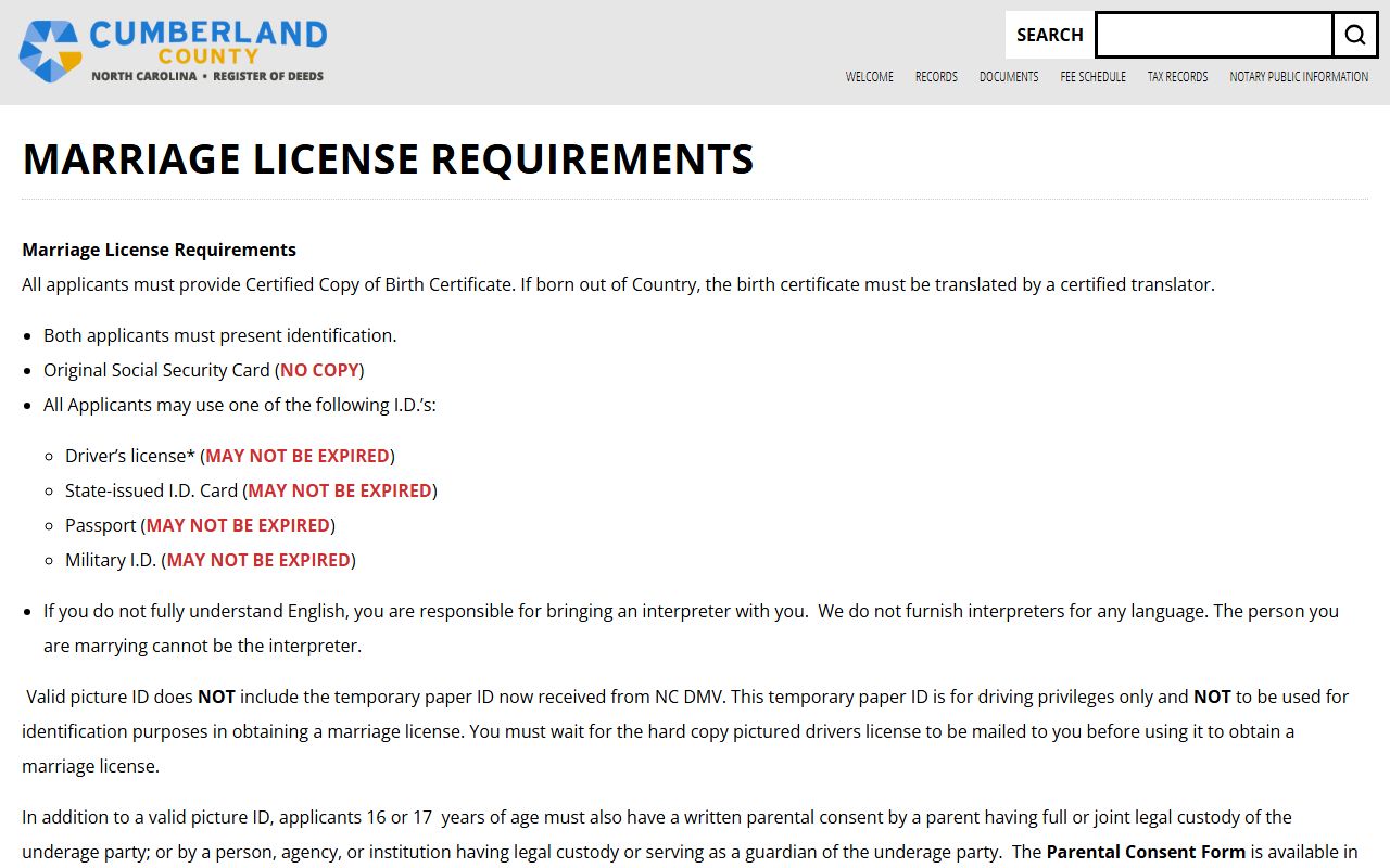 Cumberland County marriage license requirements on the Register of Deeds website