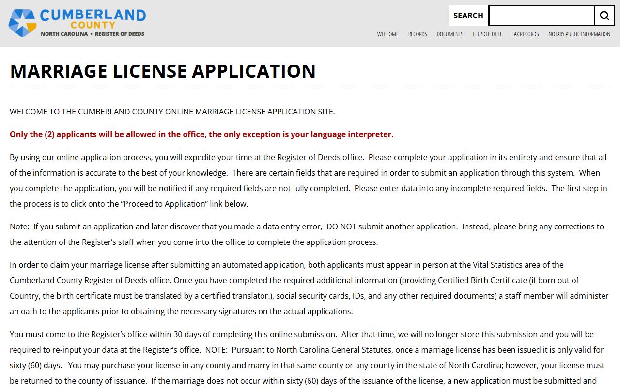 Cumberland County marriage license application instructions on the Register of Deeds website