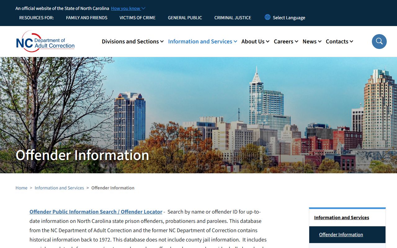 NC Department of Adult Correction offender search page for Cumberland County released inmates and state transfers