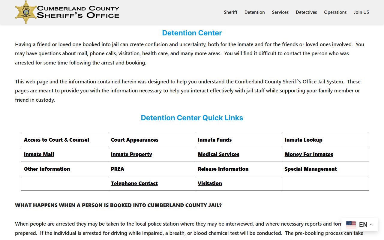 Cumberland County inmate records detention center booking and intake overview on the Sheriff website
