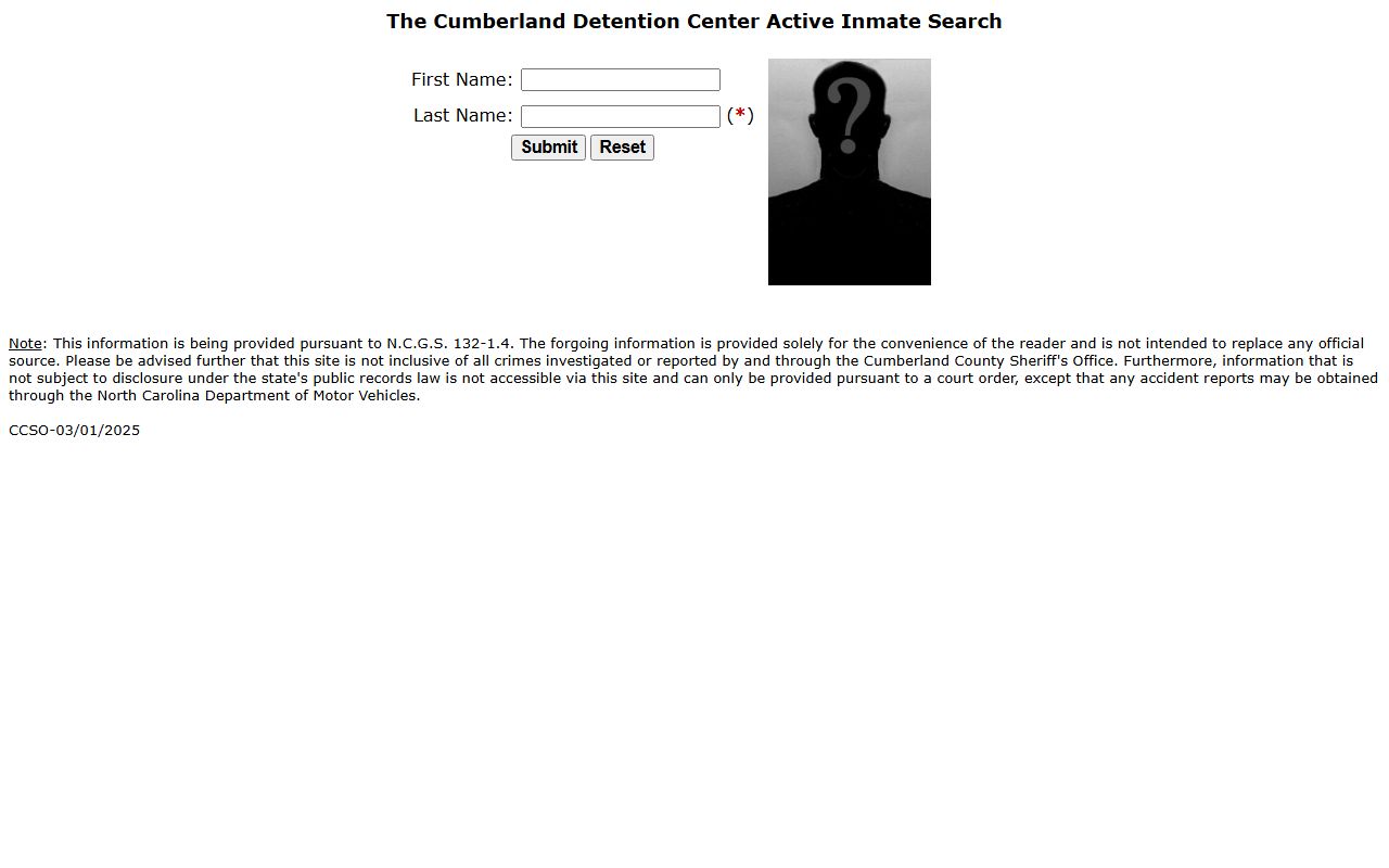 Cumberland County inmate search direct active inmate search form with last name and first name fields