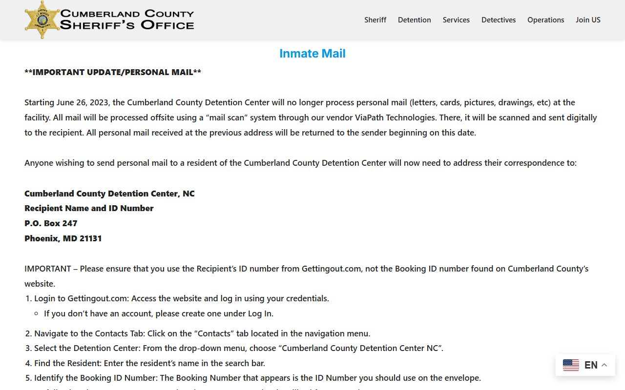Cumberland County inmate mail ViaPath instructions and mailing address on the Cumberland County Sheriff website