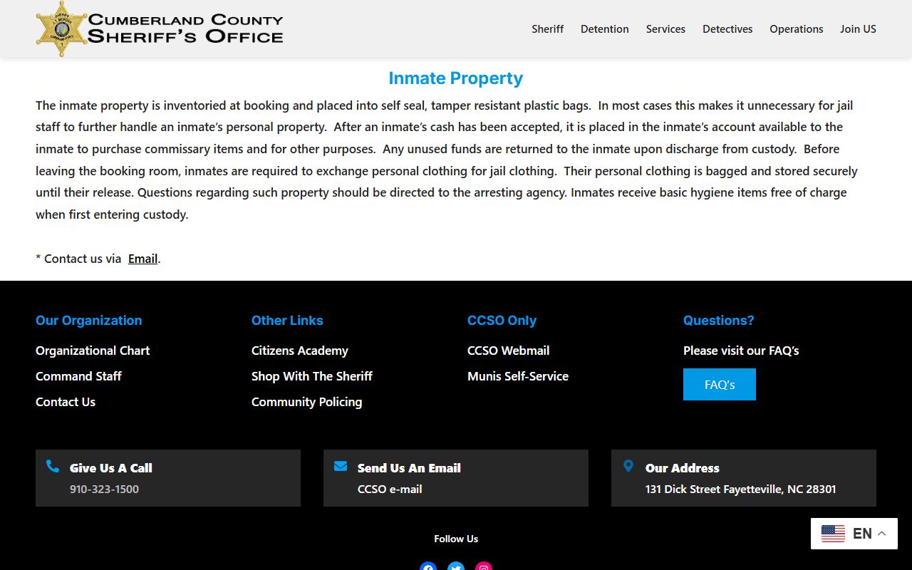 Cumberland County inmate property inventory and cash account rules on the Cumberland County Sheriff website