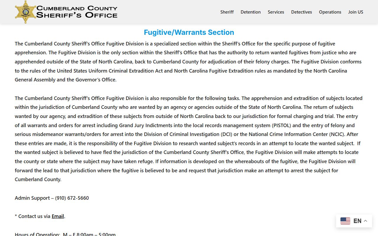Cumberland County warrant search Fugitive/Warrants Section official Sheriff page
