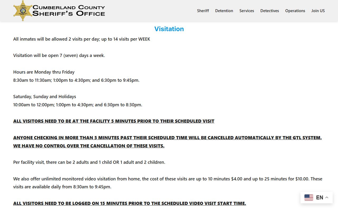 Cumberland County inmate visitation schedule and GTL remote video visit rules on the Cumberland County Sheriff website