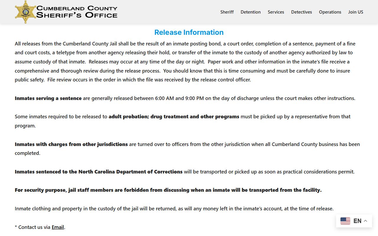 Cumberland County Detention Center released inmates release information page on the Sheriff website