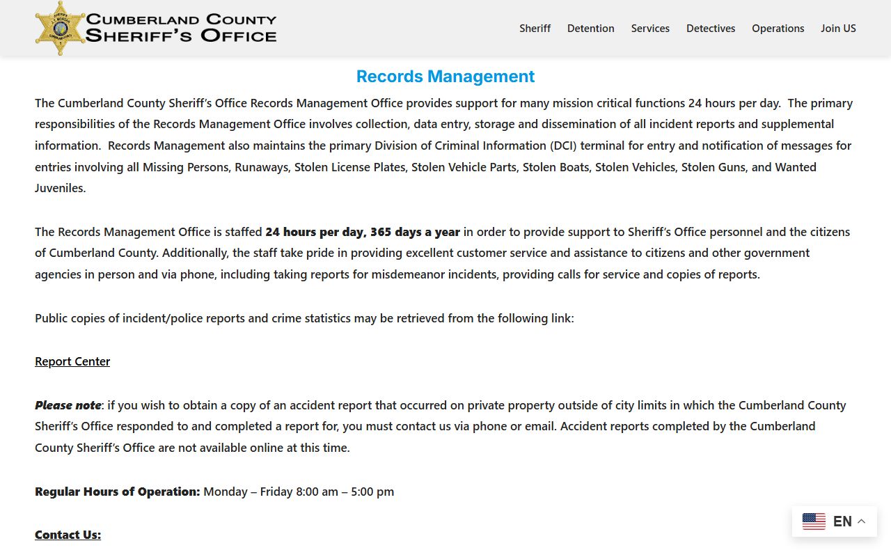 Cumberland County arrest records - Sheriff's Office records management page