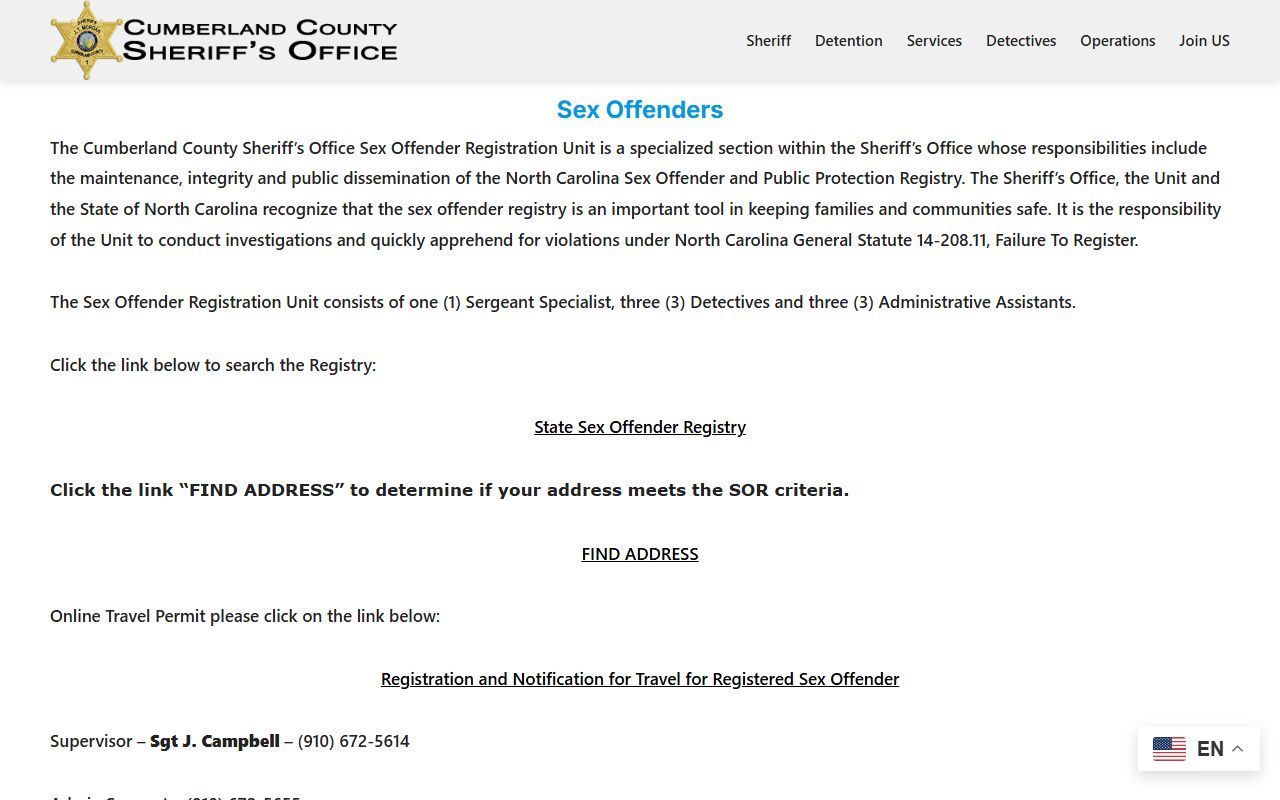 Cumberland County warrant and sex offender records Sheriff Office section page