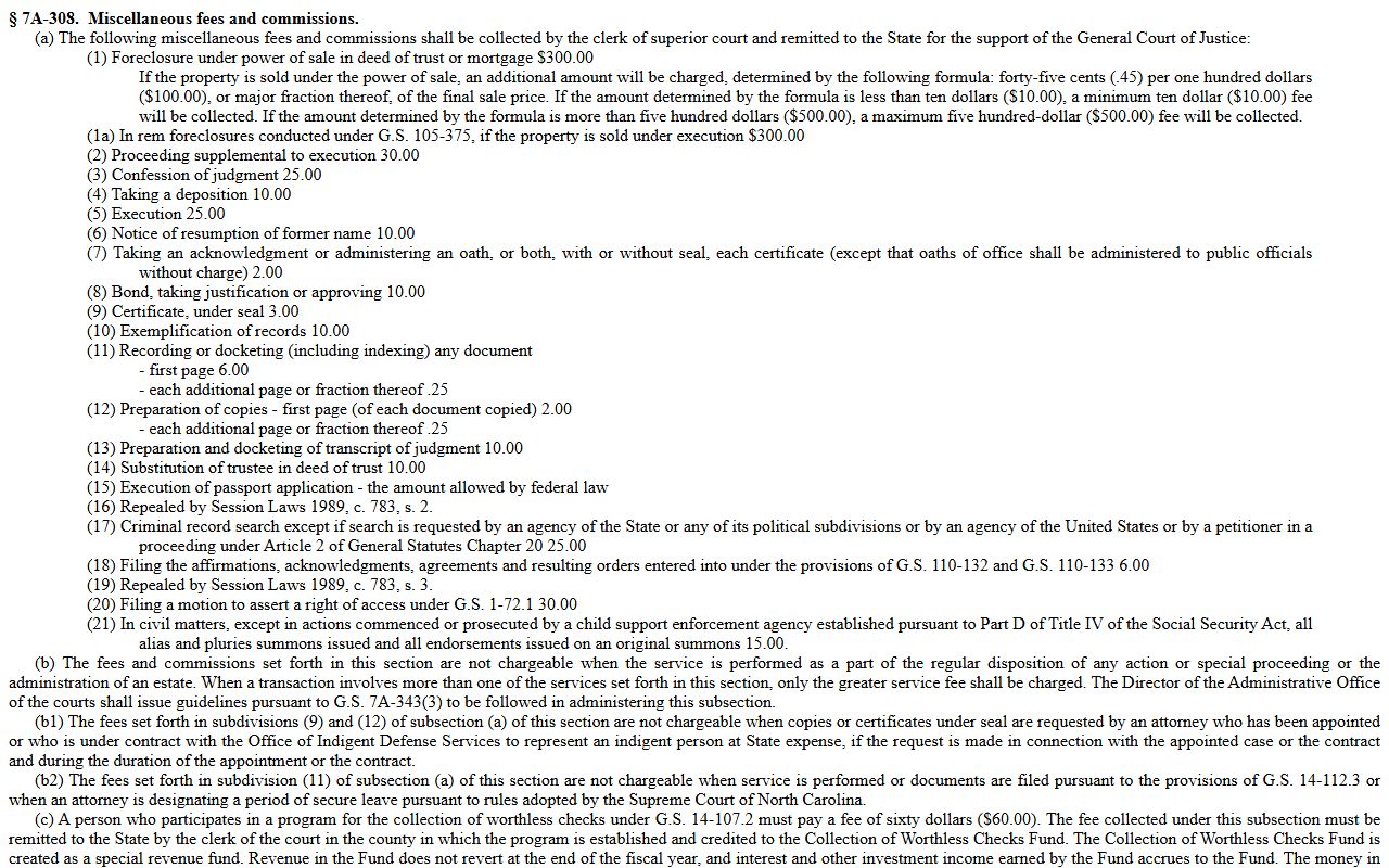 Cumberland County probate records NC General Statutes section 7A-308 clerk fee schedule page