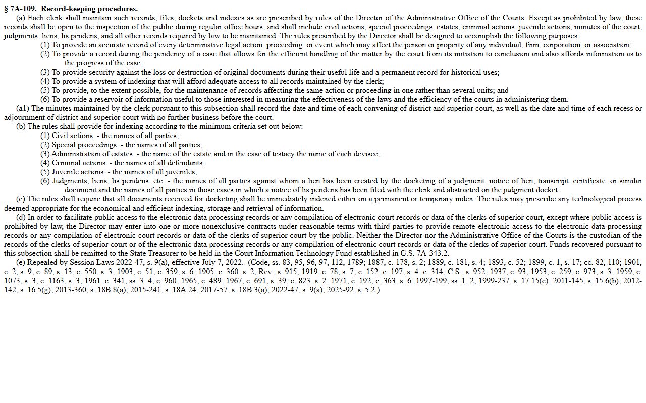 Cumberland County public records Clerk of Superior Court record-keeping duties under N.C.G.S. 7A-109