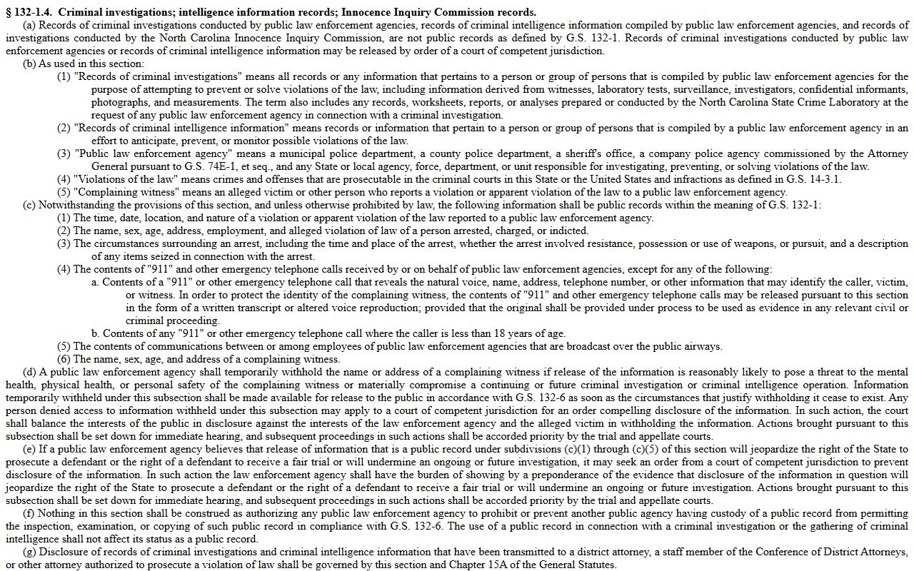 Cumberland County public records exemption for criminal investigation records under N.C.G.S. 132-1.4