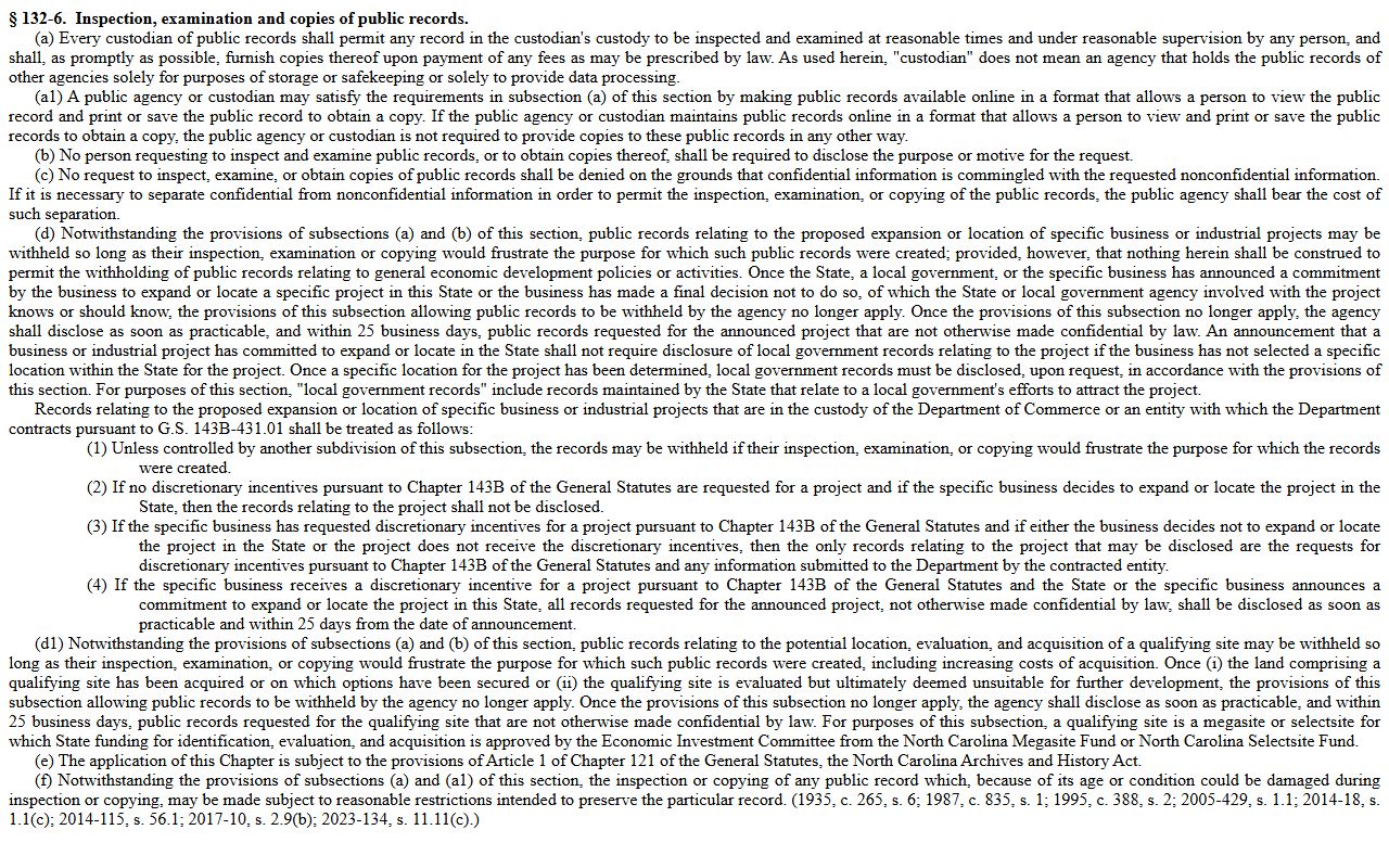 Cumberland County public records inspection and copying rule under N.C.G.S. 132-6