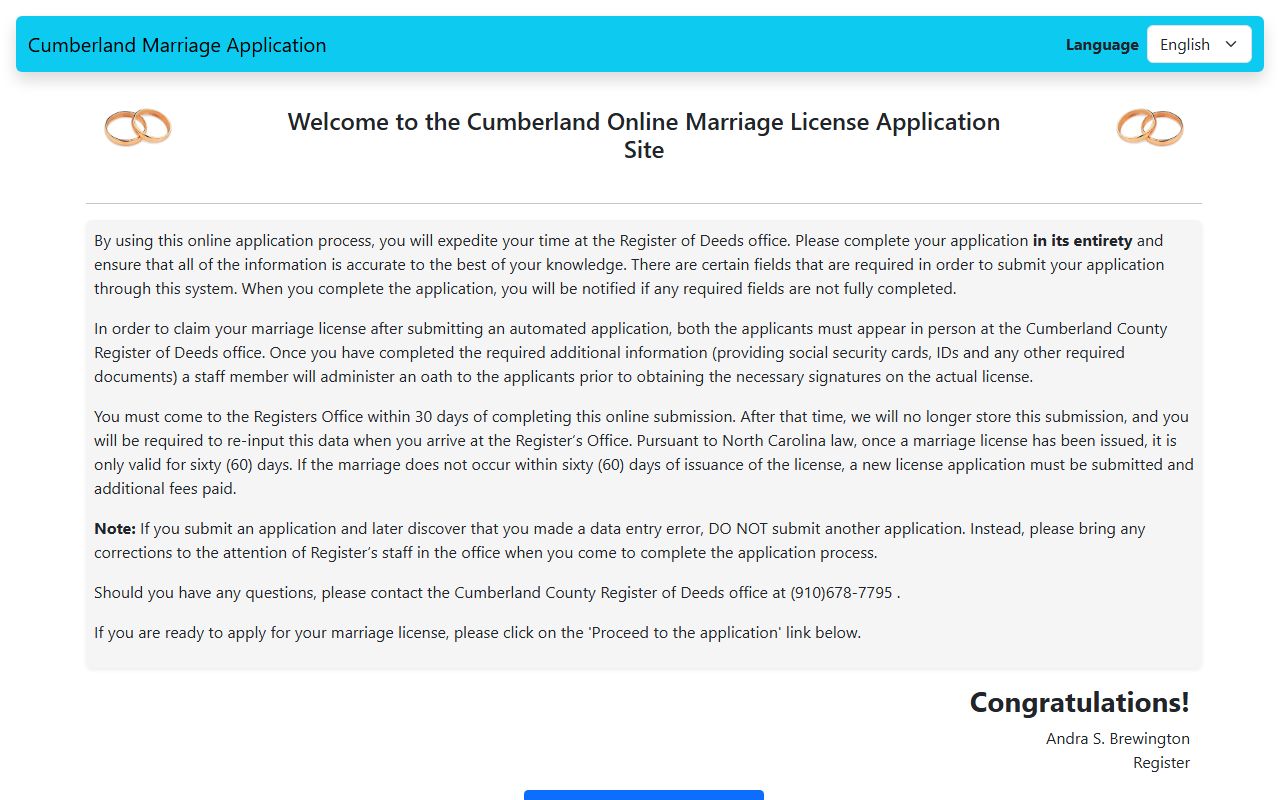 Cumberland County marriage license online application portal at ccrodmarriage.org
