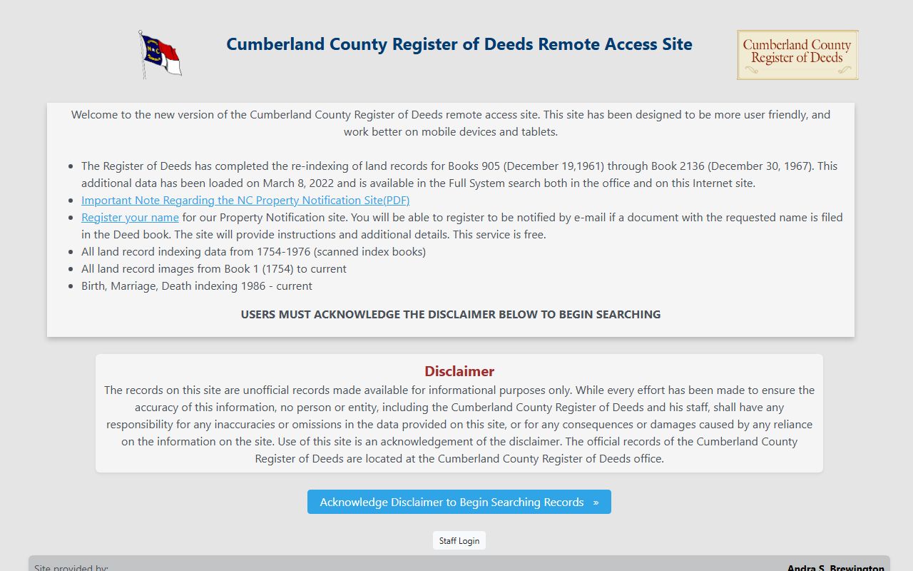 Cumberland County marriage record search on the Register of Deeds portal at ccrodinternet.org