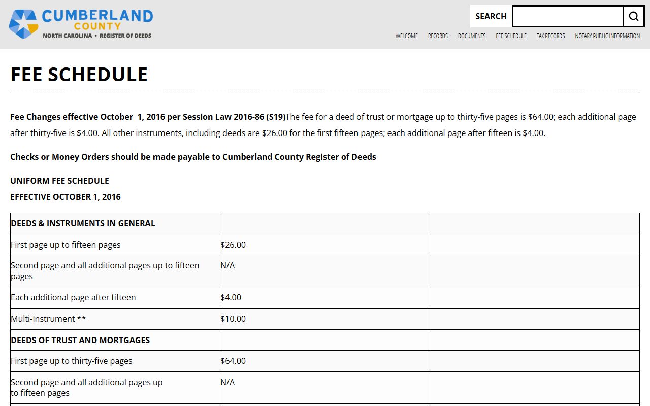 Cumberland County court records Register of Deeds fee schedule page