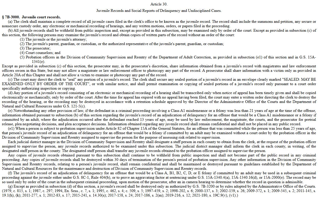 Cumberland County arrest records - NC juvenile records confidentiality statute at ncleg.gov