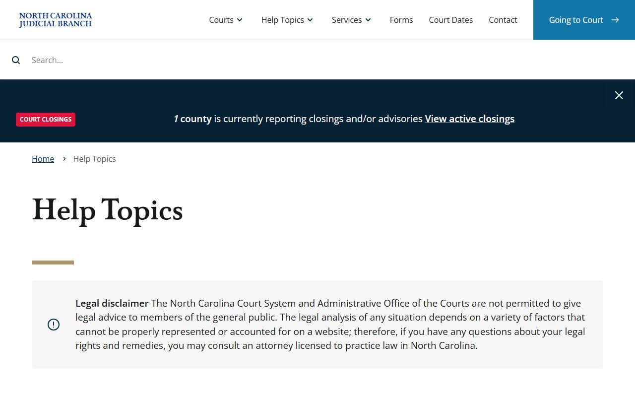 NC Judicial Branch help topics page for Cumberland County court self-help resources